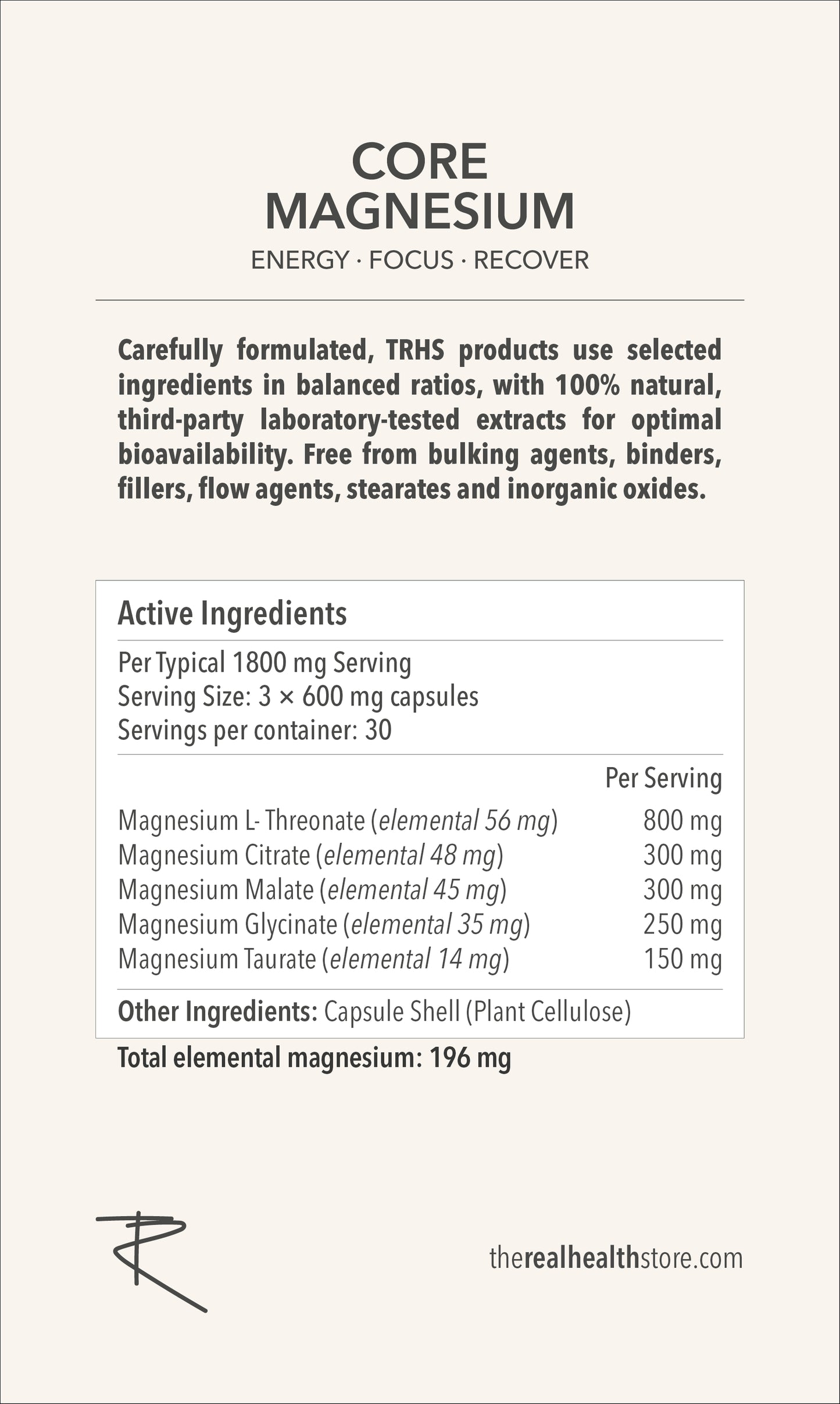 
                  
                    TRHS Core Magnesium (5 active forms of magnesium) Complex - 90 Capsules
                  
                