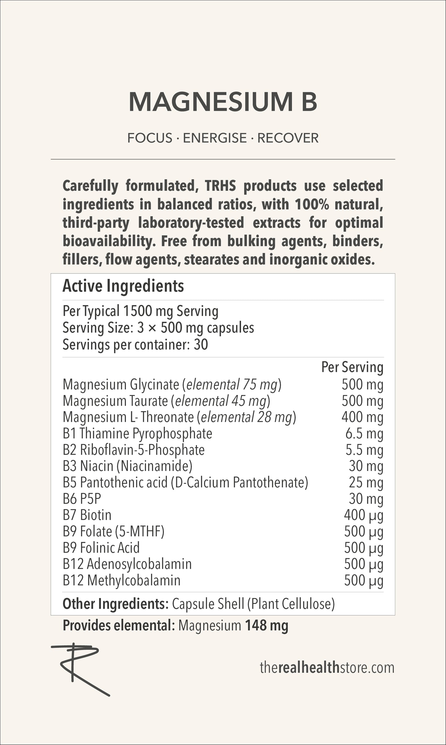 
                  
                    TRHS Magnesium & Methylated B Vitamin Complex Formula - 90 Capsules
                  
                