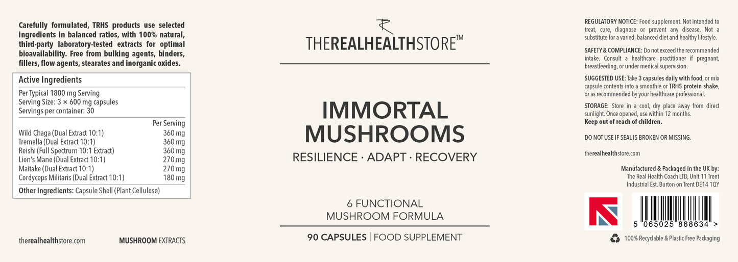 
                  
                    TRHS Immortal Mushrooms - Immune Boosting Functional Mushroom Formula - 90 Capsules
                  
                
