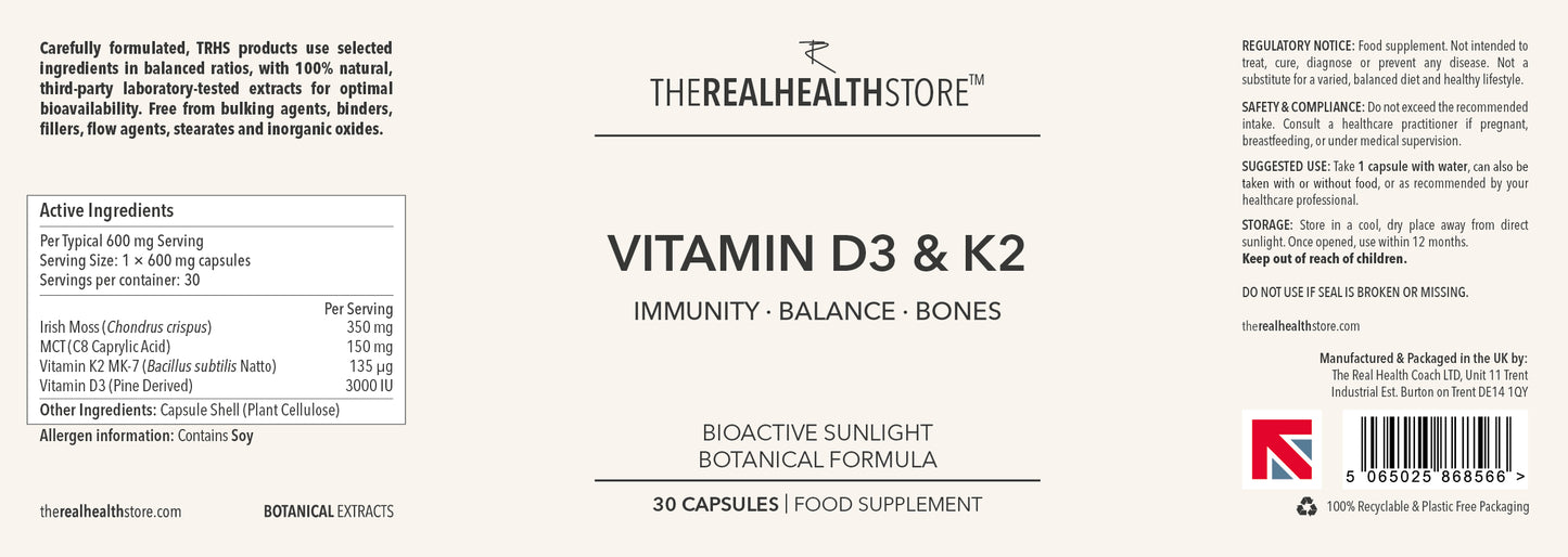 
                  
                    TRHS Vitamin D3 & K2 3000IU & 10000IU (Irish moss, pine tree D3, K2 MK-7, MCT powder) - 30, 60, 90 Capsules
                  
                
